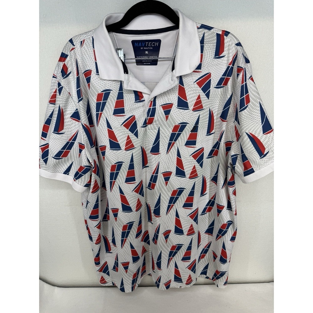 Nautica Men's NAVTECH Classic Fit Red White Blue Sailboat AOP Golf Polo Size XL